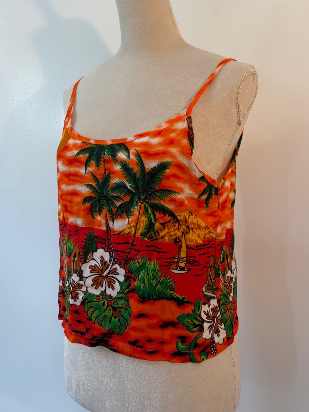 Vintage Cleopatra Tropical Hawaiian Print Orange Red Cami Top NWT